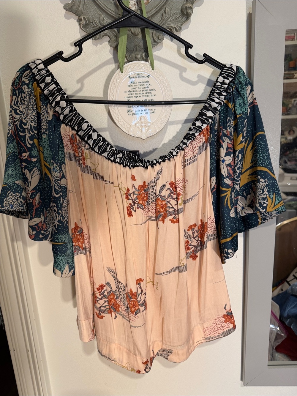 Free People Peach Off-Shoulder Blouse with Teal Floral Sleeves